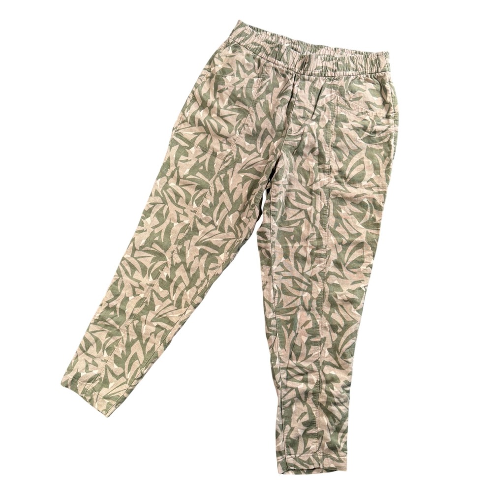 Women Green Leaf Print High Rise Pants S Coastal Grandmillennial Linen Blend‎
